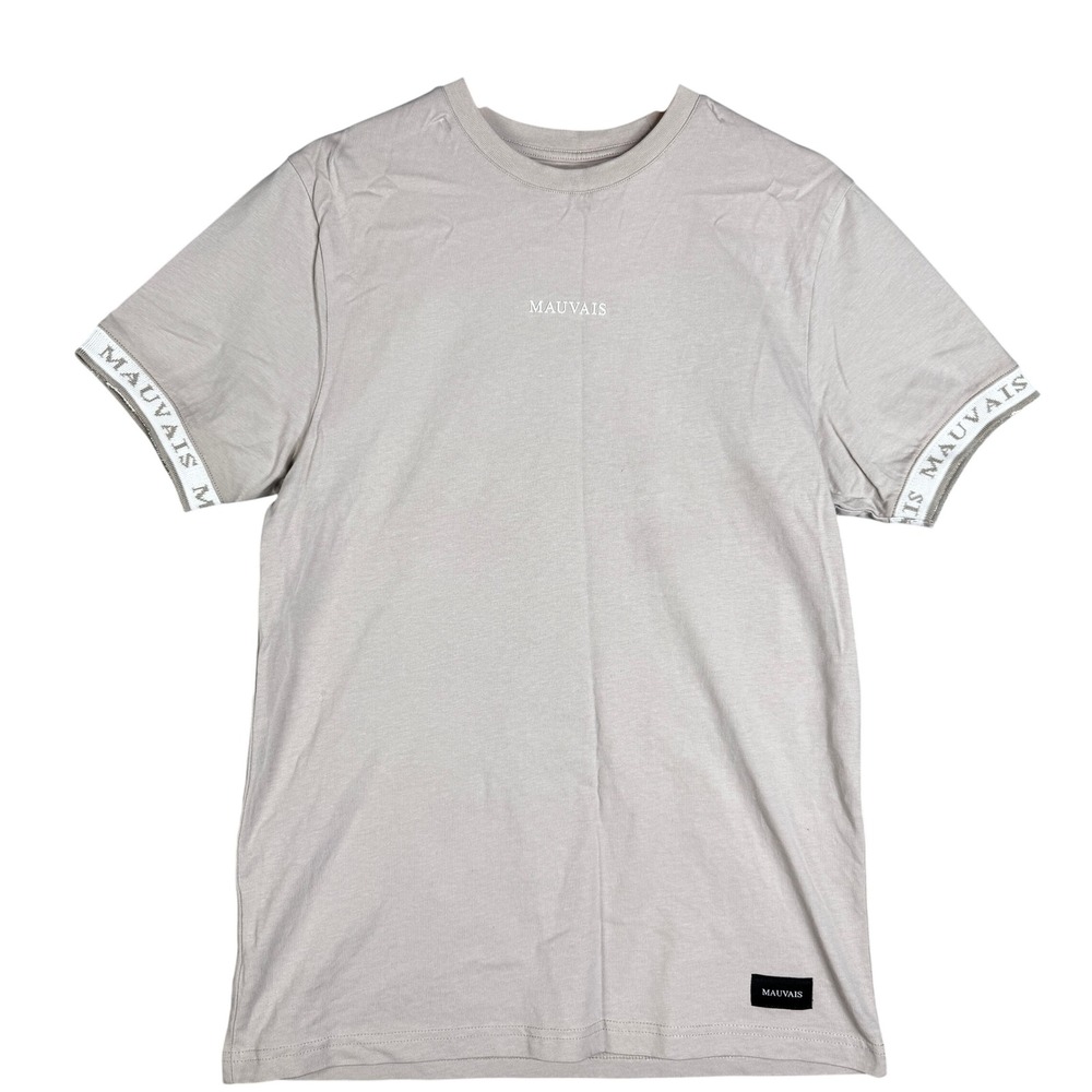 MAUVAIS Mens T Shirt Size S Beige Logo Print Short Sleeve Cotton‎ Made in Turkey